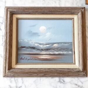 Signed Original Oil Canvas Painting Sea Scape Framed Ocean Blue Silver